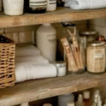 How can using baskets on open shelves keep necessary items handy but visually calmer