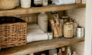 How can using baskets on open shelves keep necessary items handy but visually calmer